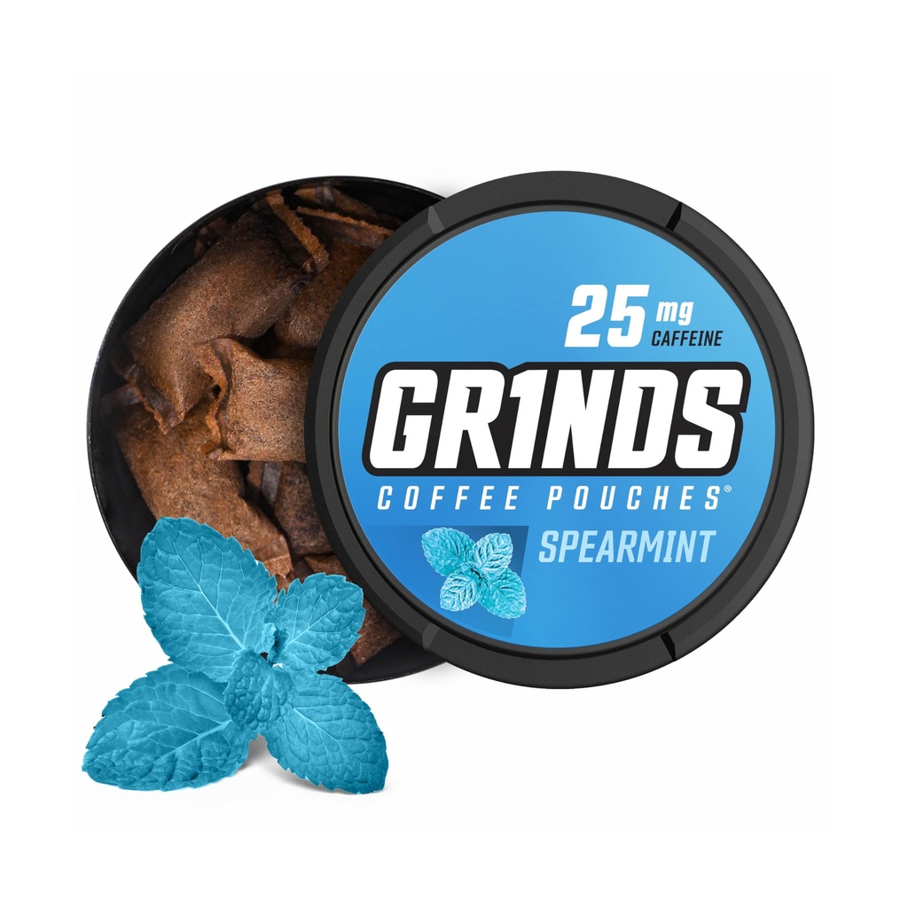 Grinds Coffee Pouches 18 Per Can | 10 Cans Spearmint | Caffeine Pouches | Clean Energy Option | Portable Energy | No Crash, No Jitter | B-Vitamins | Focus | Sugar Free | Brew-Free Coffee