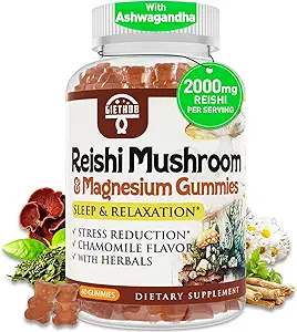 Reishi Mushroom Gummies, Cortisol Supplements for Women & Men, with Reishi Mushroom Extract, Ashwagandha, Magnesium, Relaxation Herbals Blend for Rest, Calm, Immune & Energy, Vegan, 60 Gummies