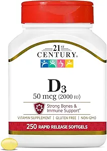 21ος αιώνας D3 2000 IU Softgels, 250 Count
