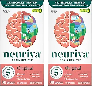 NEURIVA Original Brain Supplement for Memory, Focus & Concentration + Learning & Truth with Klinik olarak Nootropics Phosphatidylserine and Neurotors, Caffeine Free, 30 Capsules (2 Pack)