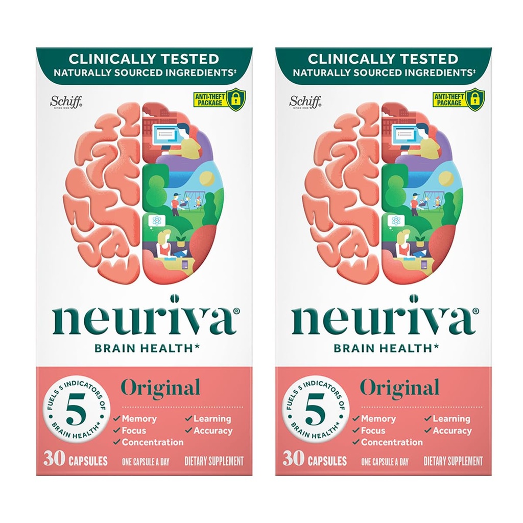 NEURIVA Original Brain Supplement for Memory, Focus & Concentration + Learning & Truth with Klinik olarak Nootropics Phosphatidylserine and Neurotors, Caffeine Free, 30 Capsules (2 Pack)