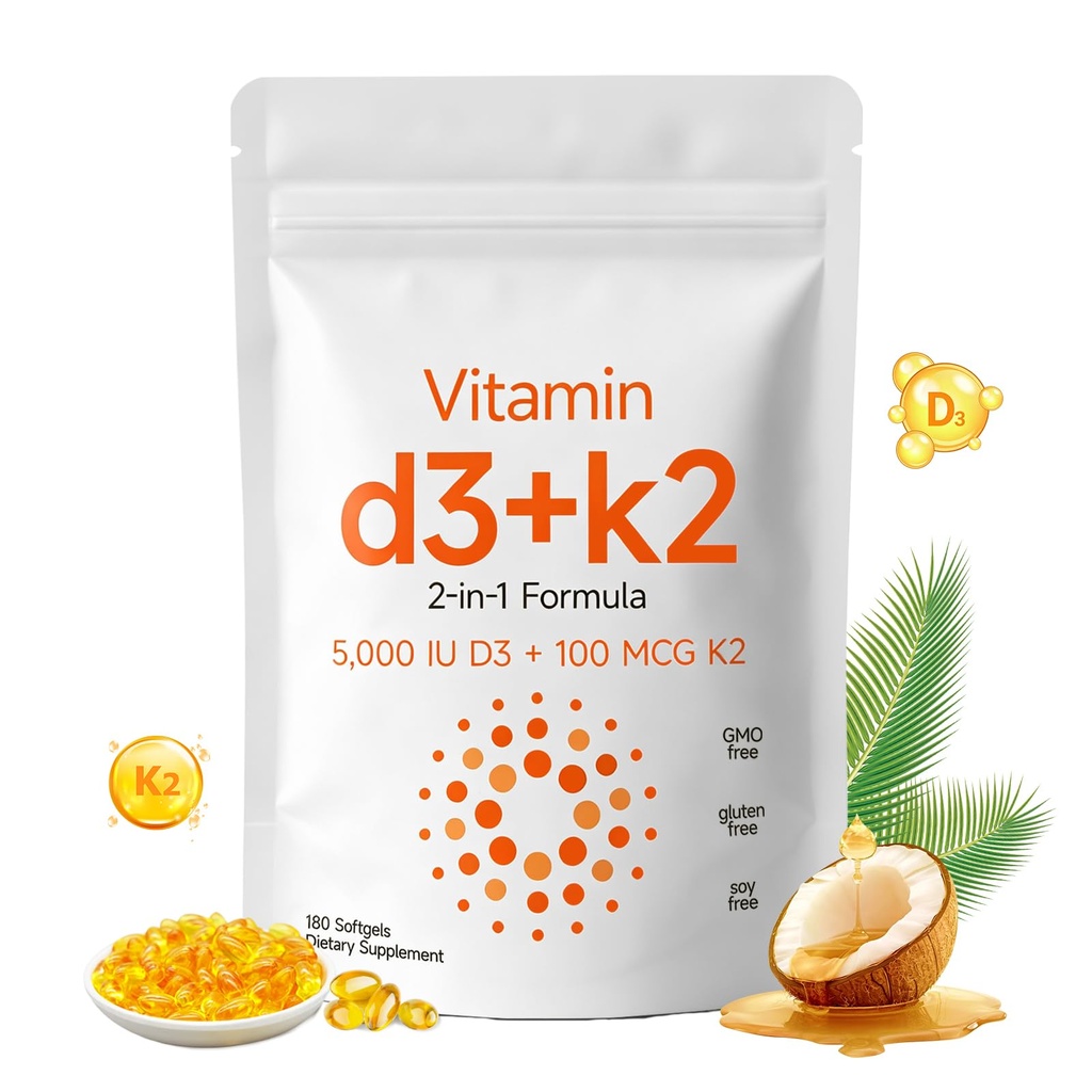 Vitamin D3 K2 MK-7 Supplement 5000IU D3 & 100mcg K2 Softgels, Extra Strength 2-in-1 Vitamin Complex, Supports Immune Function, Bone Density & Cardiovascular Health, Non-GMO Gluten Free, 180 Softgels