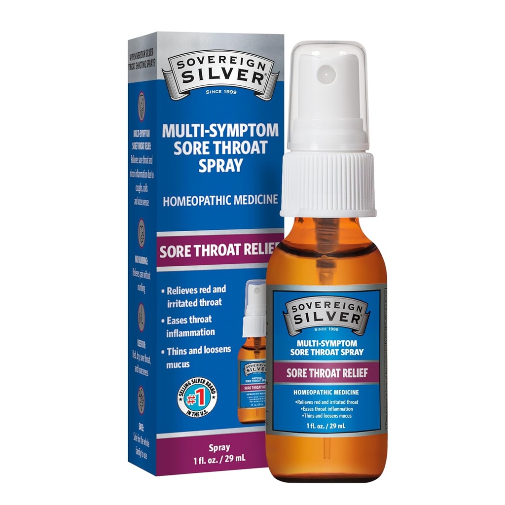 Sovereign Silver Sore Throat Spray - Colloidal Silver Throat Spray, Immune Support Supplement for Adults and Kids, Daily Use Liquid Argentum Nitricum Solution - 1 fl oz (30mL)
