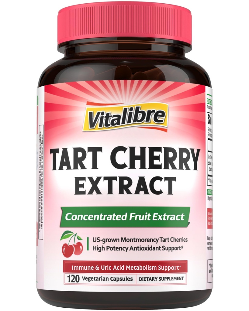 Vitalibre Tart Cherry Capsules, 500 mg Tart Cherry Extract Per Capsule, Uric Acid Balance, Immune Support, Non-GMO, 120 Vegan Capsules