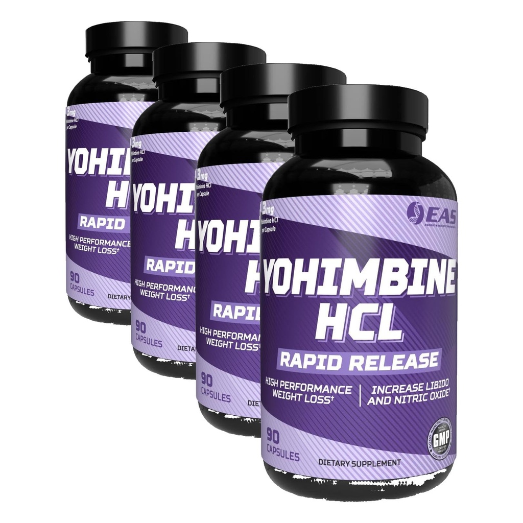 EAS Yohimbine HCL | Improved Weight Loss & Athletic Performance | Rapid Release Technology | Gluten Free, Non GMO, Vegetarian Friendly | 90 Capsules (Pack of 4)