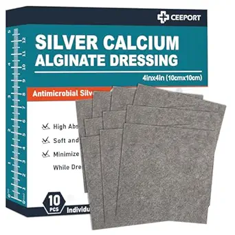 Ag Silver Calcium Alginate Wound Dressing Pads, 4''x4'' Patches, 10 Individual Pack, Soft Silver Dressings for Wound Care, Gentle Highly Absorbent Dressing, Non Stick Gauze Pads for Wounds
