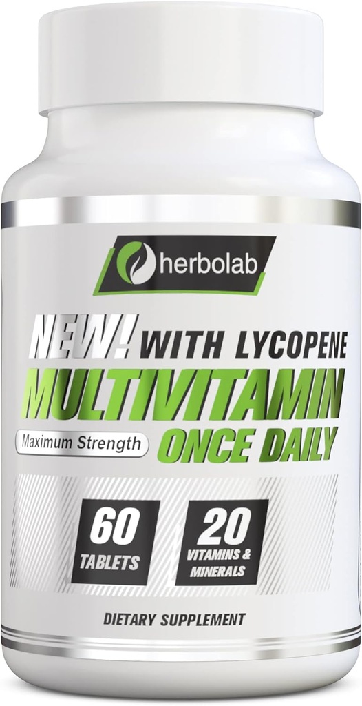 Herbolab Multivitamin Once Daily, Max Strength Vitamins A, C, D, E, K, B1, B2, B6, B12, Νιασίνη, Ασβέστιο, Μαγνήσιο, Ψευδάργυρος, Σελήνιο, Χαλκός, Μαγγάνιο, Χρώμιο με Λυκοπένιο, 60 Count 2 Mo Supply