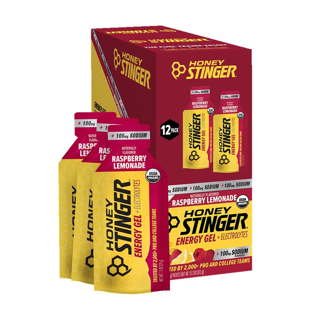 Honey Stinger Organic Raspberry Lemonade Electrolyte Energy Gel, Gluten Free & Caffeine Free, Sports Nutrition for Exercise, Running & Performance, Pre & Mid Workout, 12 Pack, 13.2 oz | sports-nutrition-endurance-and-energy-chews