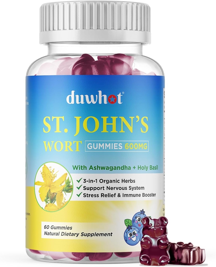 St John's Wort Gummies 600mg, 3 in 1 Βιολογικά φυτικά συμπληρώματα για ανακούφιση από το στρες, υποστήριξη νευρικού συστήματος, με Ashwagandha & Holy Basil Extract για ενήλικες & παιδιά, μη ΓΤΟ, Vegan, 60 ct.