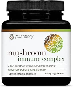 Youtheory Mushroom Immune Complex - Vegan Immune Support Supplement* - Organik Mushroom Mix with Chaga, Cordyceps, Lion's Mane, Maitake & More - 60 Vegetarian Capsules