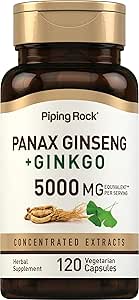 Piping Rock Panax Ginseng & Ginkgo Biloba Supplement | 5000 mg | 120 Capsules | Black Pepper Extract | Vegetarian, Non-GMO ve Gluten Free Supplement