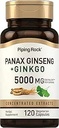 Piping Rock Panax Ginseng & Ginkgo Biloba Supplement | 5000 mg | 120 Capsules | Black Pepper Extract | Vegetarian, Non-GMO ve Gluten Free Supplement