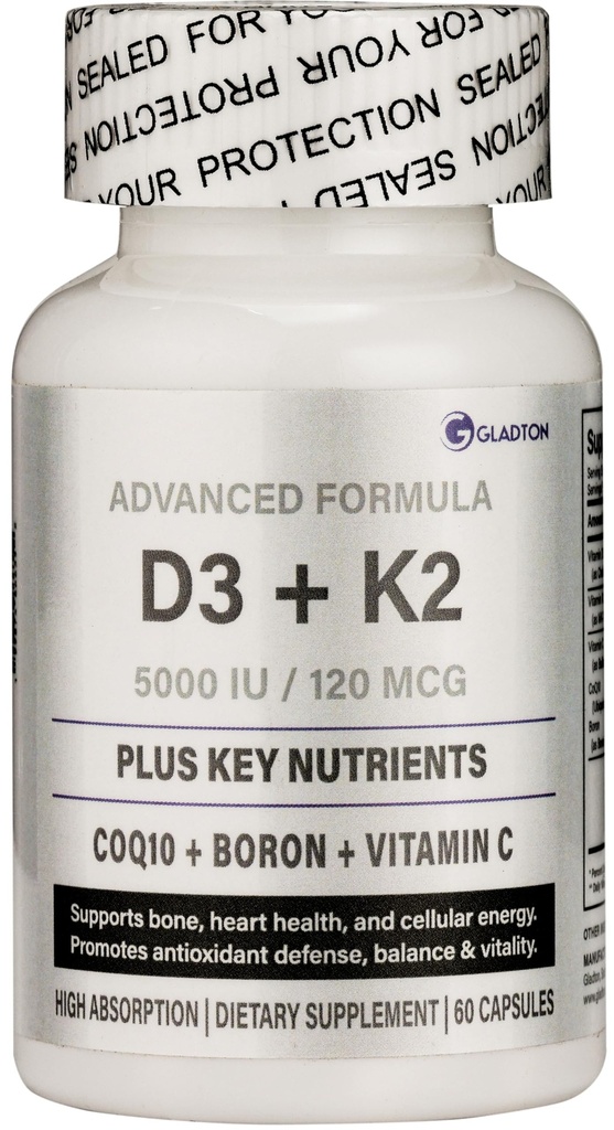 Vitamin D3 K2 Advanced Complex 5000 IU (125 mcg) + MK-7 120 mcg | with CoQ10 100 mg, Boron & Vitamin C | Bone, Heart, Immune, Cellular Energy & Antioxidant Support | Non-GMO & Vegan | 60 Caps