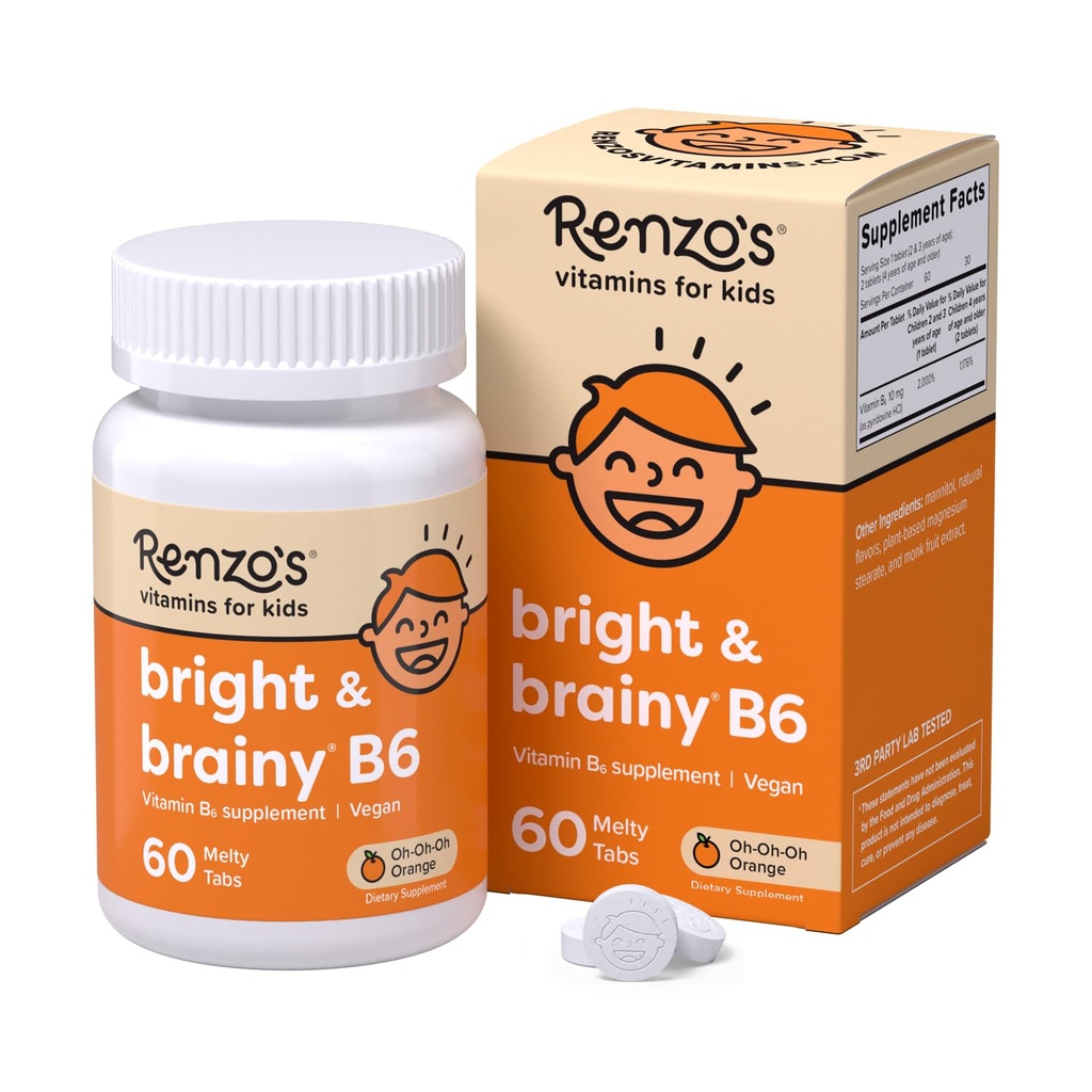 Renzo'nun Parlak & Beyin Vitamini B6, Çocuk Vitamini B6, 60 Sugar-Free Melty Tabs, Oh Oh Oh Orange Flavored