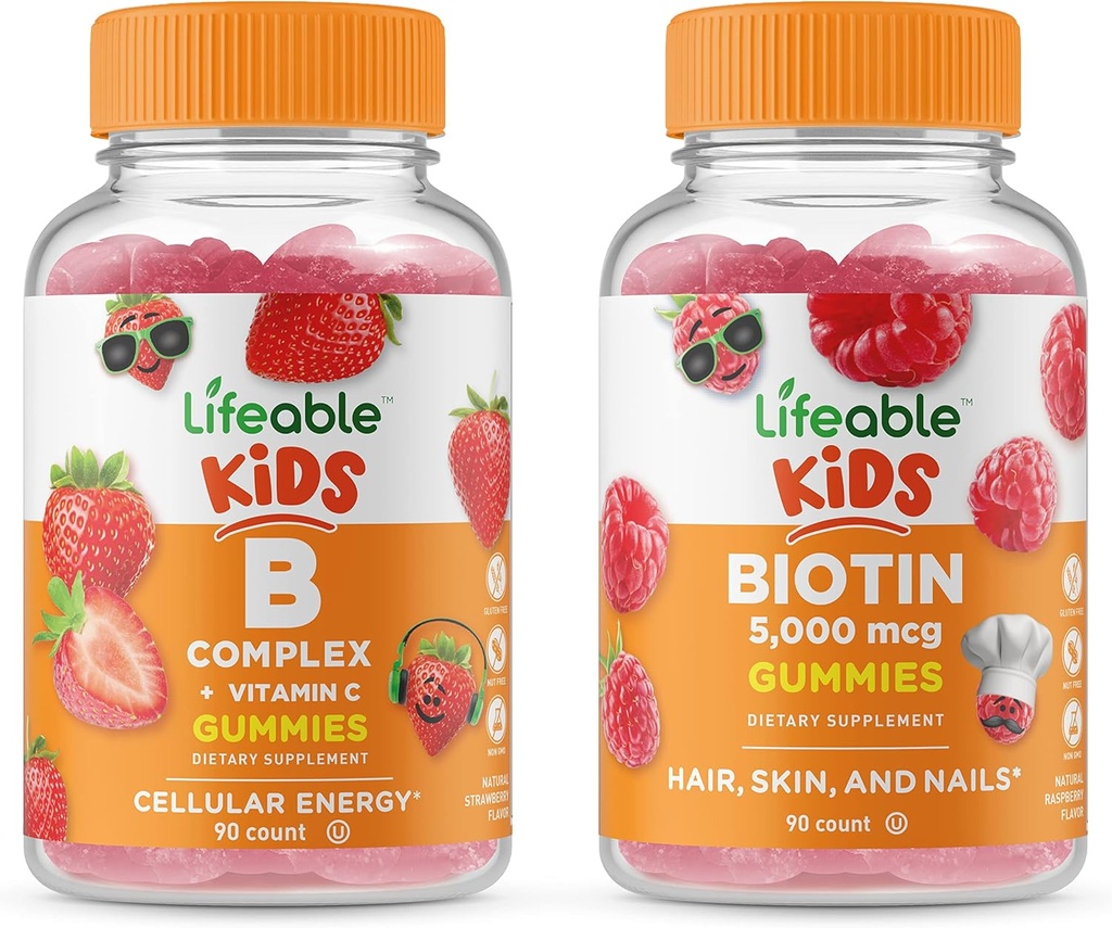 Lifeable B Complex Kids + Biotin Kids, Gummies Bundle - Μεγάλη γεύση, συμπλήρωμα βιταμινών, χωρίς γλουτένη, χωρίς γλουτένη, χωρίς γλουτένη, μασώμενη κοιλιά