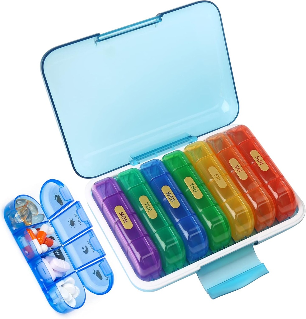 MURRI&MURRDI Pill Organizer 4 Times bir gün, Günlük Pill Box Büyük Haftalık Tıp Vakası 7 Günlük Pill Mineralleri Piller, Vitaminler, Balık Yağları, İlaçlar, Supplements (28 Hücreler, Çok renkli)