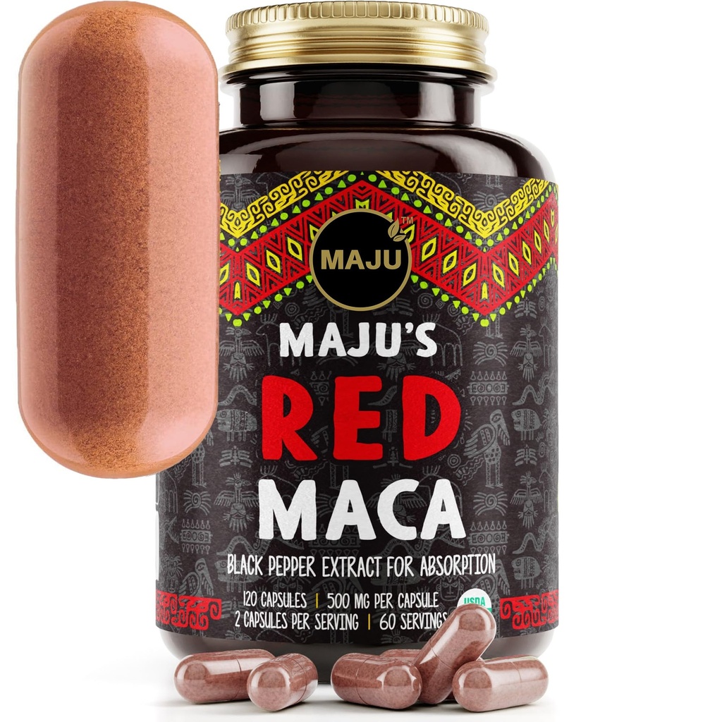 Maju Superfoods Organic Red Maca Root Capses 120ct - Οι γυναίκες εστιασμένη Curve Βελτιώσεις Διατροφική Booster χάπια, Κερδίστε για Thighs, σκόνη σε χάπι συμπλήρωμα