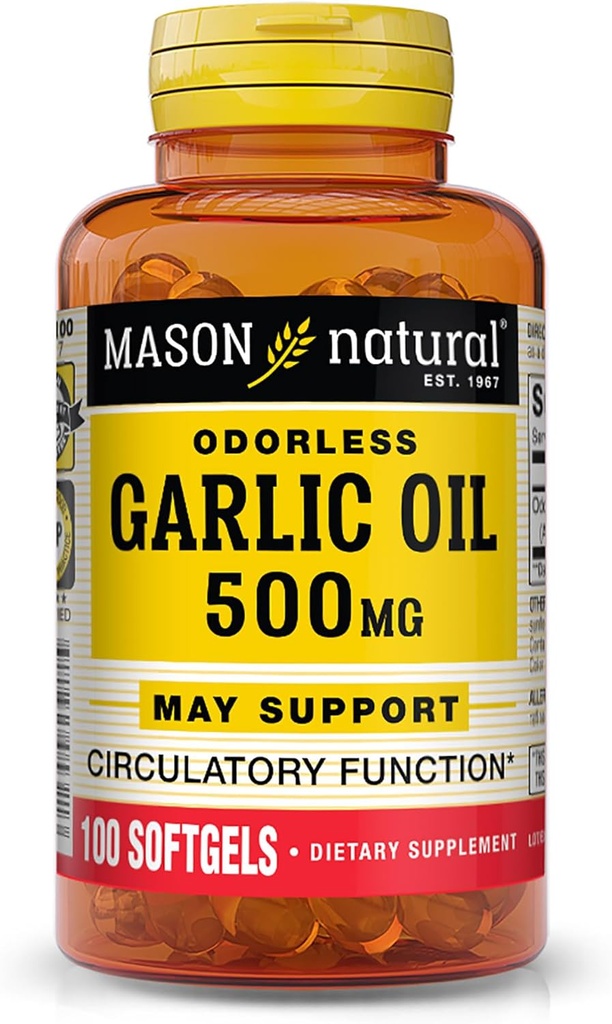 MASON NATURAL Oil Petrol 500 mg Odorless Allium Sativum Supplement - Sağlıklı Circulatory Function, 100 Softgels