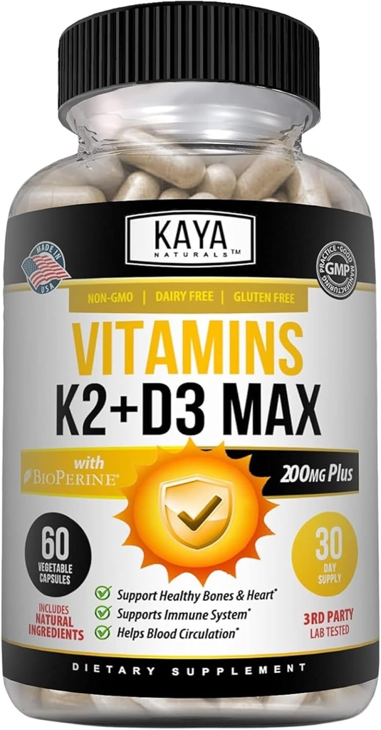 Kaya Naturals Βιταμίνες K2 με D3 5000IU συμπλήρωμα για άνδρες και γυναίκες - Εύκολο στην κατάποση - κάψουλες βιοπερίνης (60 Count (Pack of 1))