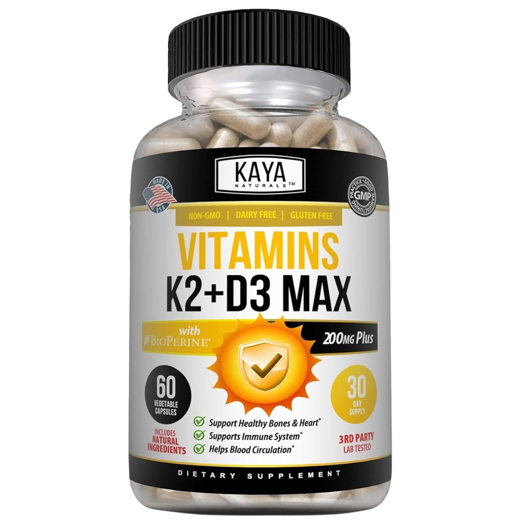 Kaya Naturals Vitamins K2 with D3 5000IU Supplement for Men and Women - Easy to Swallow - Bioperine Capsules (60 Kont)