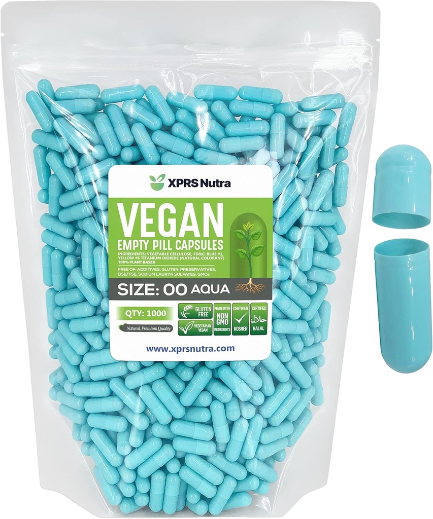 XPRS Nutra Μέγεθος 00 Άδειες κάψουλες - 1000 Κάψουλες Vegan - Χορτοφαγικά Άδεια Χάπια - DIY Καψάκιο Φυτικών Γέμισμα- Καπάκια Χάπια λαχανικών (Aqua)