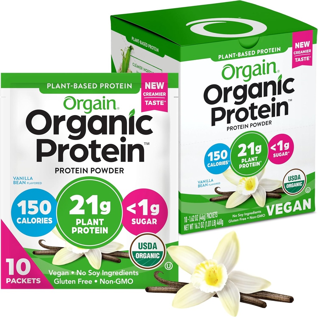 Orgain Organic Vegan Protein Powder, Vanilla Bean - 21g Πρωτεΐνη φυτών, 5g Προβιοτικές Ίνες, Χαμηλό Καρβίδιο, Όχι Συστατικά λακτόζης, Όχι Προστιθέμενη Ζάχαρη, Μη ΓΤΟ, Για Ανακινήσεις & Smoothies, 10 ταξιδιωτικές συσκευασίες