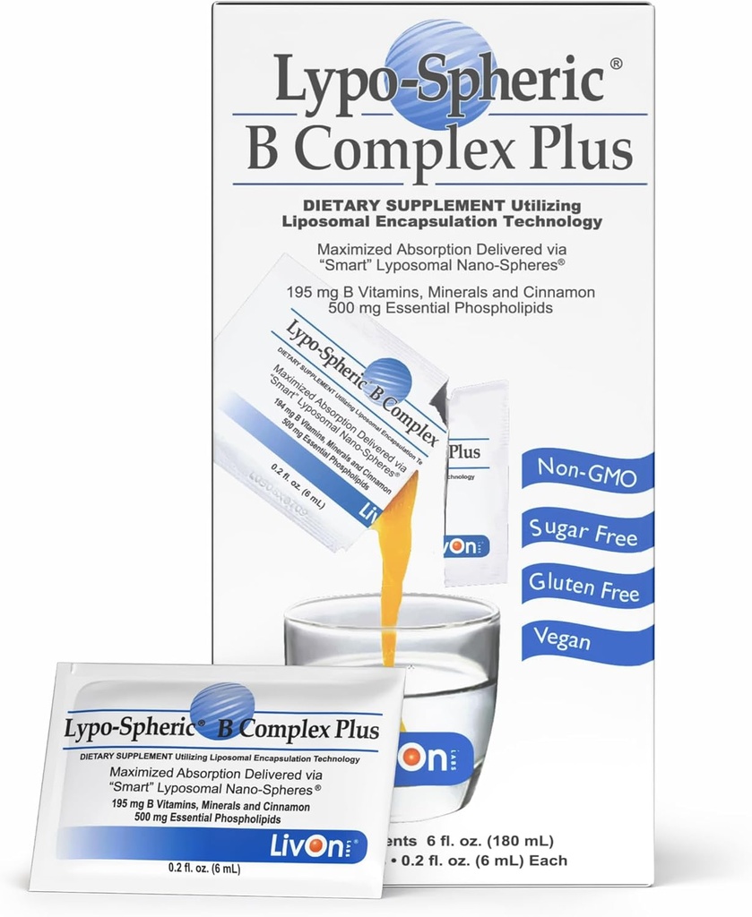 LivOn Laboratories Lypo–Spheric B Complex Plus – 30 Packets – 195 mg Β Βιταμίνες, Ορυκτά & Κανέλα Per Packet – Liposome Encapsuled for βελτιωμένη απορρόφηση – 100% Μη ΓΤΟ