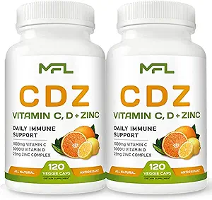 2 Pack, C D Z | Vitamin C, 1000mg | Vitamin D3, 125mcg | Zinc, 25mg | Non-GMO & Gluten Free | 240 Servings