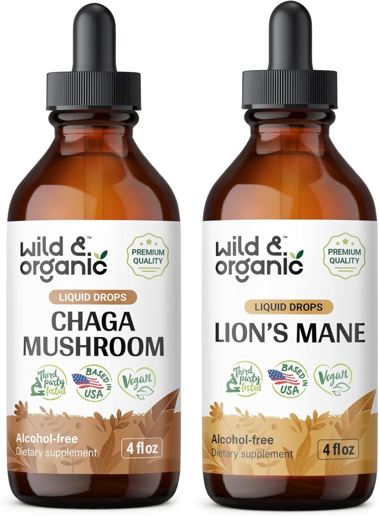 Wild & Organic Chaga Mushroom Tincture 4 fl oz & Lion's Mane Mushroom Tincture 4 fl oz