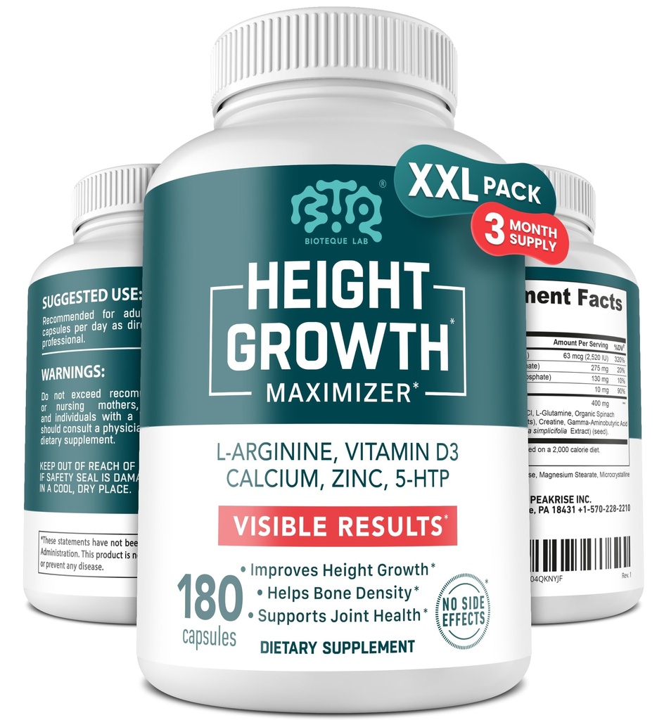 BIOTEQUELAB Height Growth Maximizer, Calcium, Vitamin D3 and Zinc Blend Pills, Bone Growth Supplement for Kids and Teens, Bone Strength, Density Support, GMO-Free, Gluten-Free, Made in USA, 180 Caps