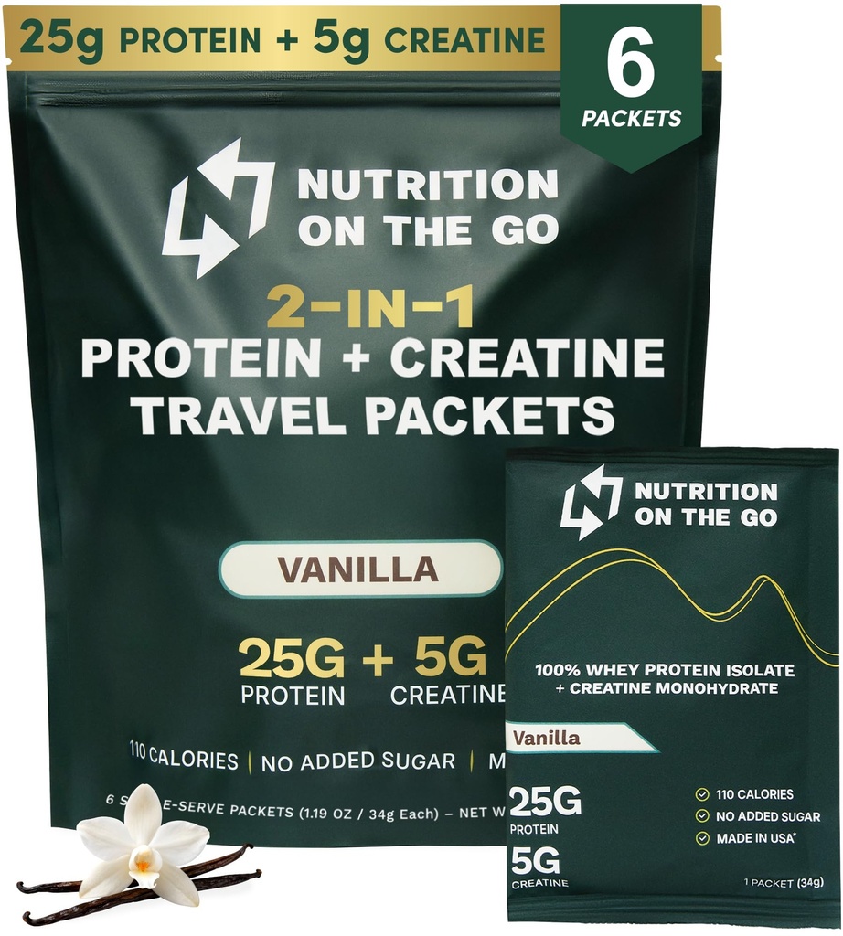 Nutrition On The Go Whey Protein Isolate Packets with Creatine – 25g Protein + 5g Creatine – Single-Serve Travel Protein Powder – Vanilla (6-Pack)