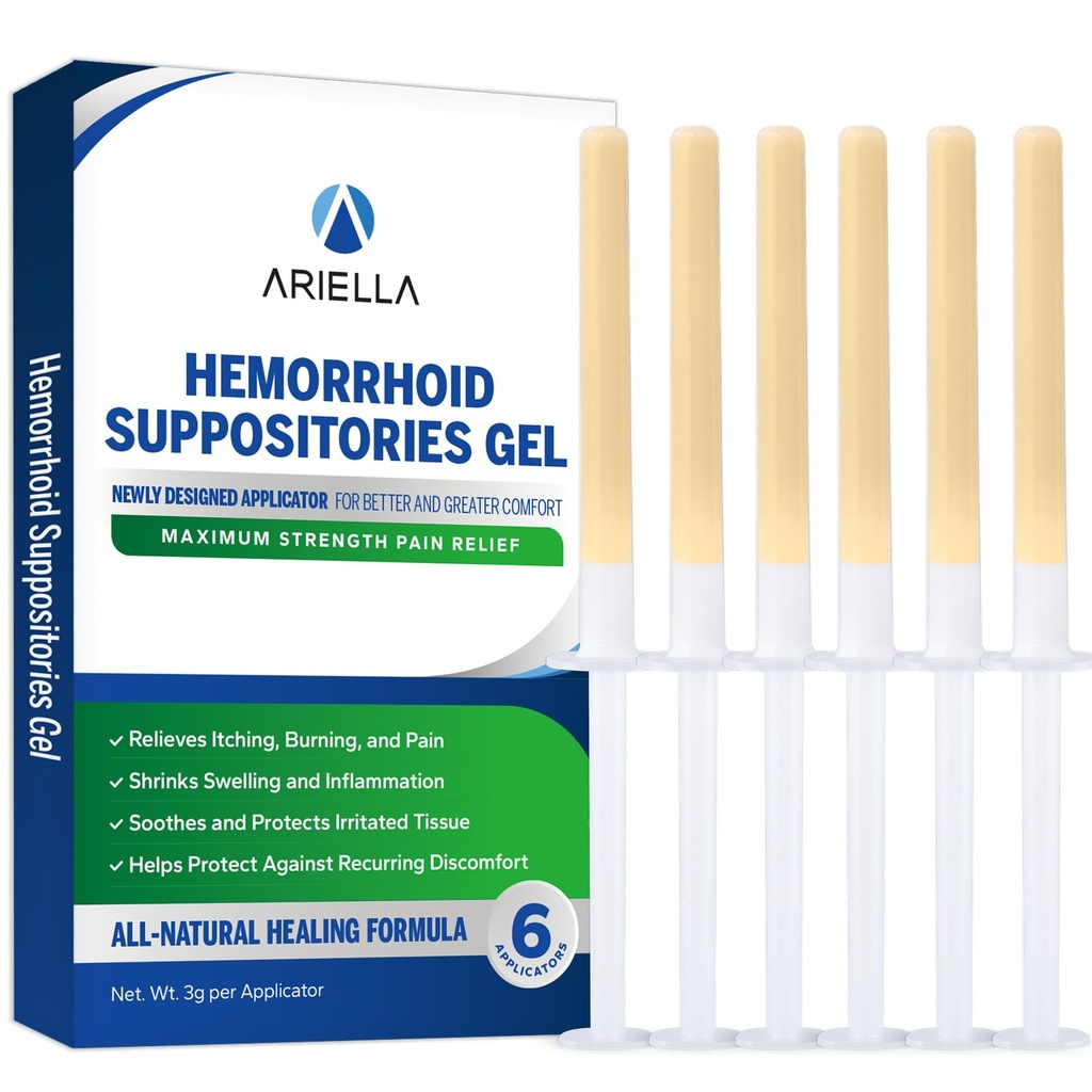 Ariella Hemorrhoid Treatment Suppository Gel: Pre-Filled Rounded-Tip Applicator for Gentle, Pain-Free Internal Relief, Soothes Burning, Itching & Swelling, Natural Herbal, 6 Individually Sealed