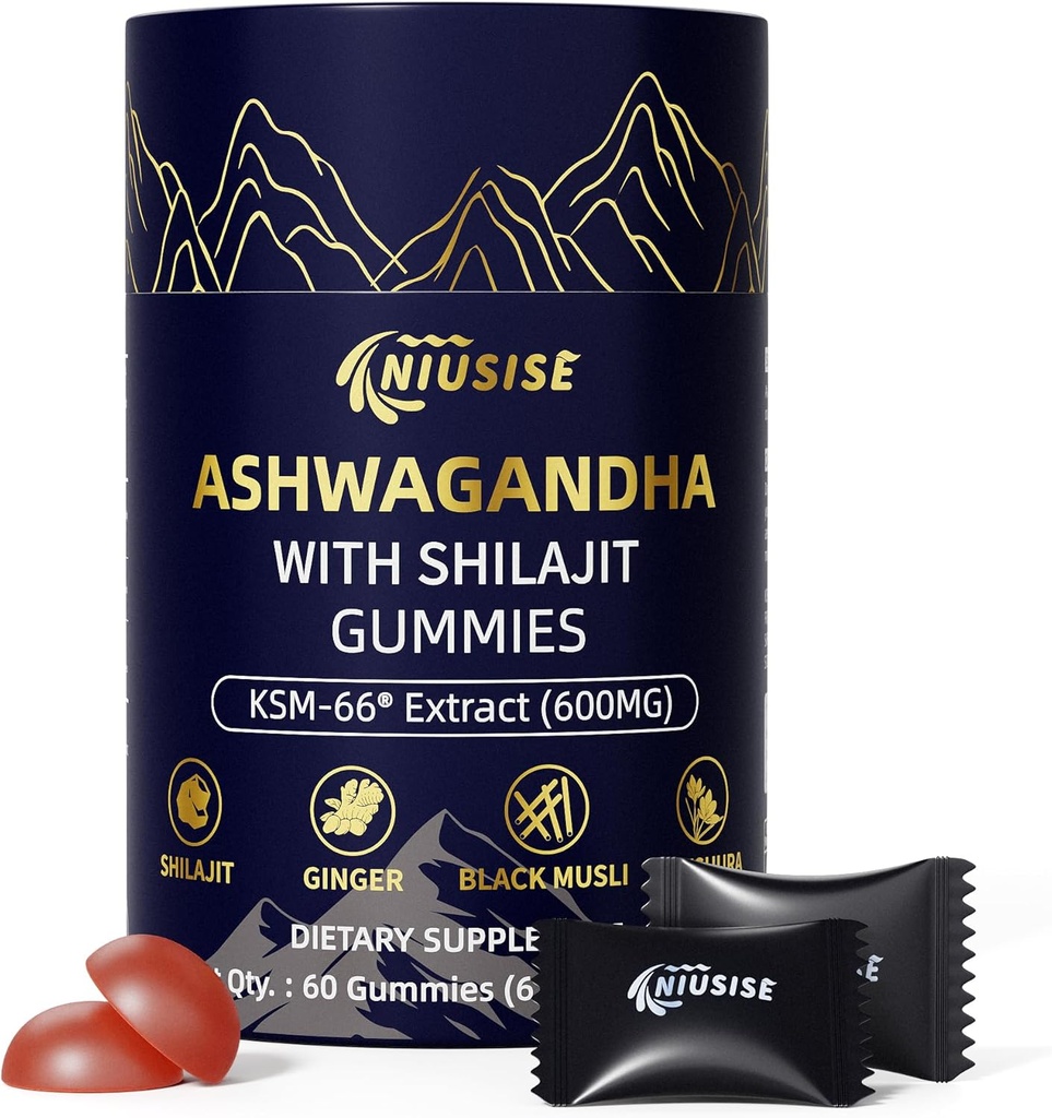 Ashwagandha Gummies με Shilajit 300mg για γυναίκες & άνδρες, Zero ζάχαρη ashwagandha συμπληρώματα με σκόνη ρίζας Maca 