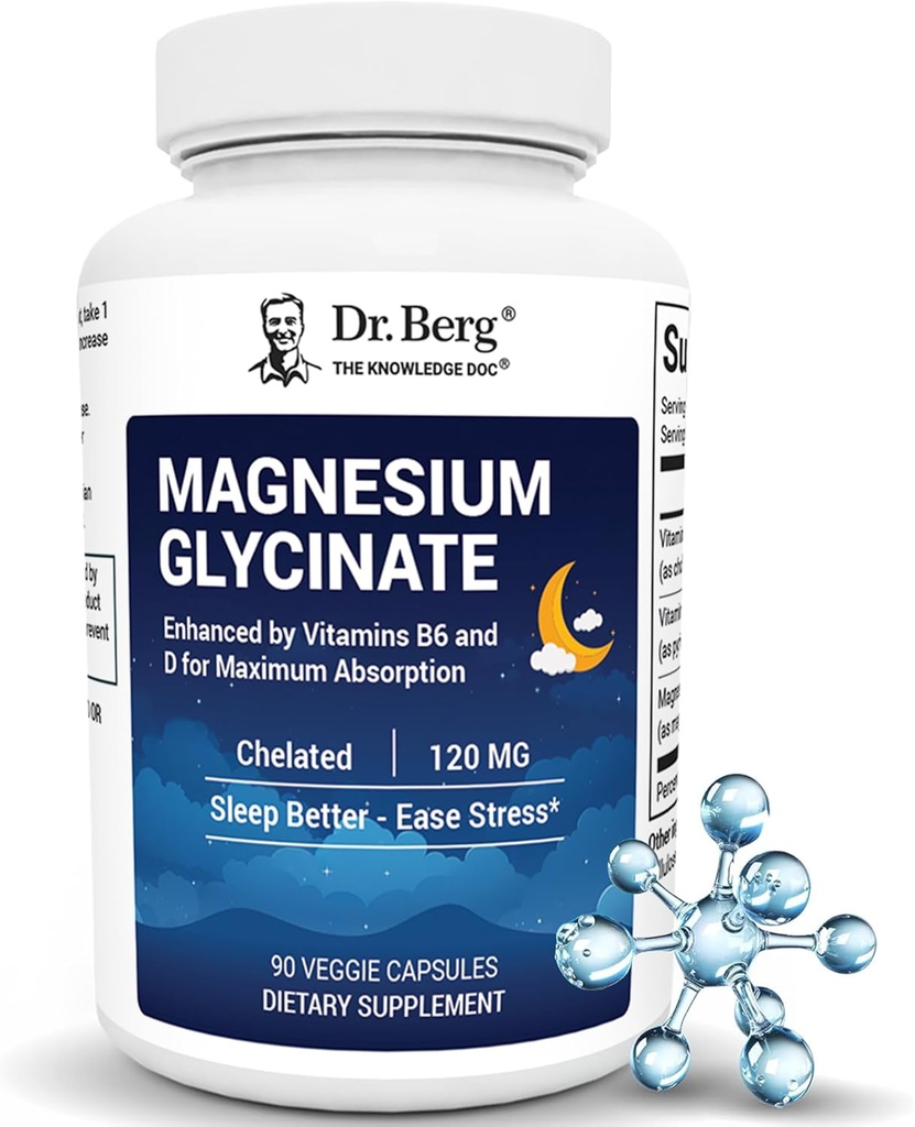 Dr. Berg Magnezyum Glycinate with Vitamin D & B6 for Stress Relief, Calm, Relaxation, & Good Sleep* - 120 mg Magnezyum Bisglycinate Capsules - High Abxia Chelated Glycinate - 90 Cap