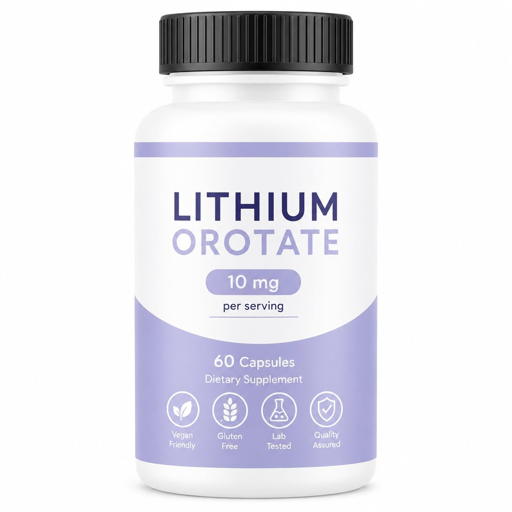 Lithium Orotate 10mg Supplement, Low Dose Mineral Formula for Daily Wellness Support, Vegan Capsules, Clean Label Dietary Supplement, 60 Count