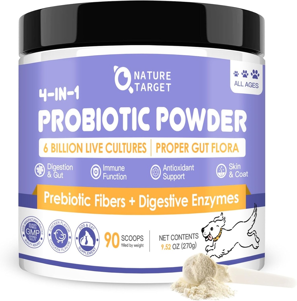 NATURE TARGET Probiotics for Dogs - Probiotics σκύλου, Plus Prebiotic, Digestive Enzymes, Fiber, Gut υποστήριξης, ανοσοποιητική υγεία, 6 δισεκατομμύρια CFU σκύλων Probiotic σκόνη, Relieve Diarrhea, Loose Stool, 90 Scoops