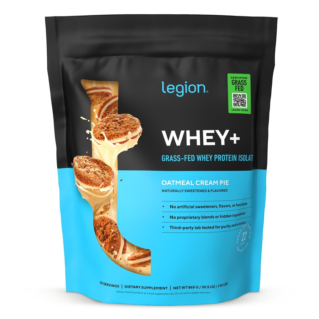 LEGION Whey+ Protein Whey Isolate from Grass Fed Cows (Oatmeal Cream Pie, 30 Servings) - Whey Protein Isolate Low Calorie, Non-GMO, Sugar Free, Lactose and Gluten Free, All Natural Protein Powder