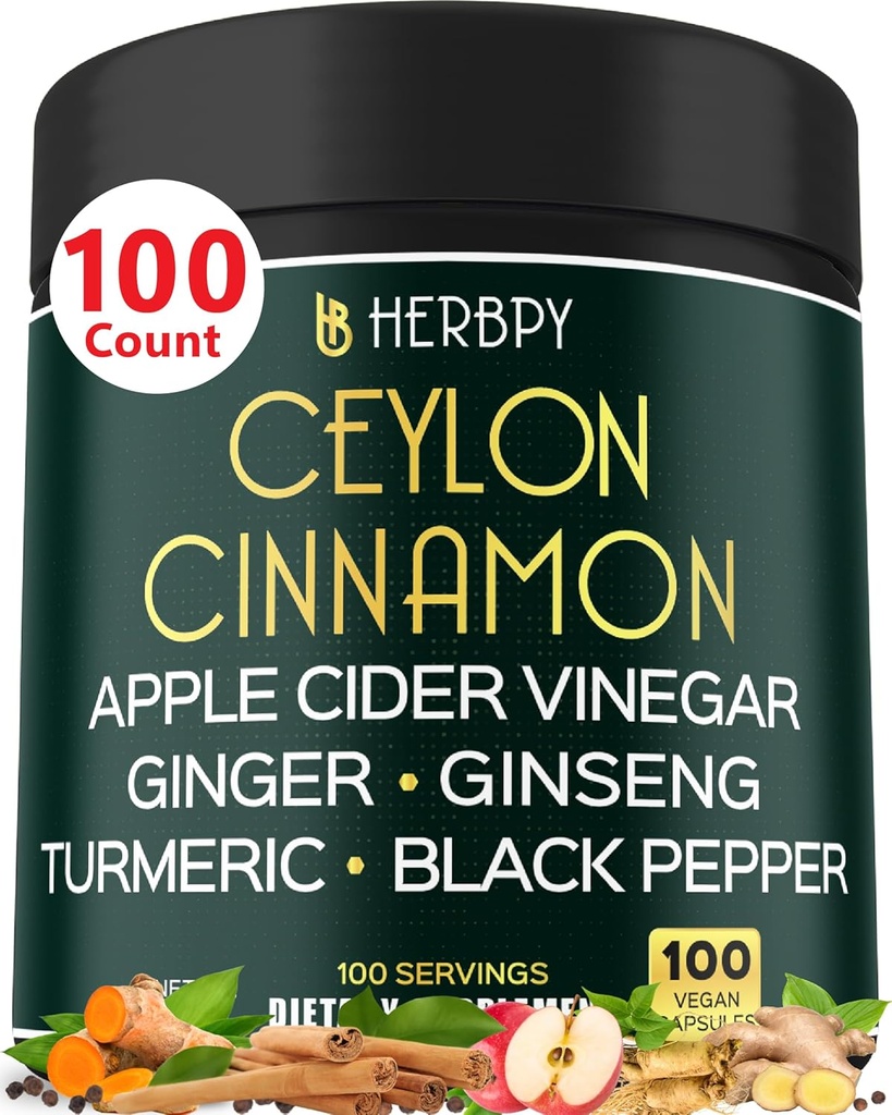 6in1 Premium Ceylon Cinnamon Supplement Plus Ξίδι μηλίτη μήλου, Turmeric, Ginger, Ginseng - Διαχείριση βάρους, Πέψη - 100 κάψουλες Vegan