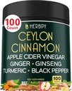 6in1 Premium Ceylon Cinnamon Supplement Plus Apple Cider Vinegar, Turmeric, Ginger, BTC - Kilo Yönetimi, Digestion - 100 Vegan Capsules