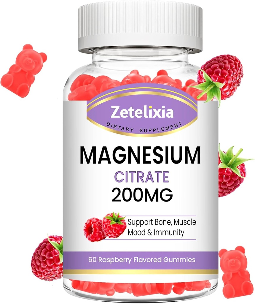 Magnezyum Citrate Gummies, High Abxia Magnezyum Gummies for Yetişkinler, Kas & Diş Desteği, 60 Vegan Natural Raspberry Gummies
