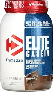 Dymatize Elite Casein Protein Powder, Slow Absorbing with Muscle Building Amino Acids, 100% Micellar Casein, 25g Protein, 5,4g BCAAs & 2,3g Leucine, Βοηθά Overnight Recovery, πλούσια σοκολάτα, 2 λίρες