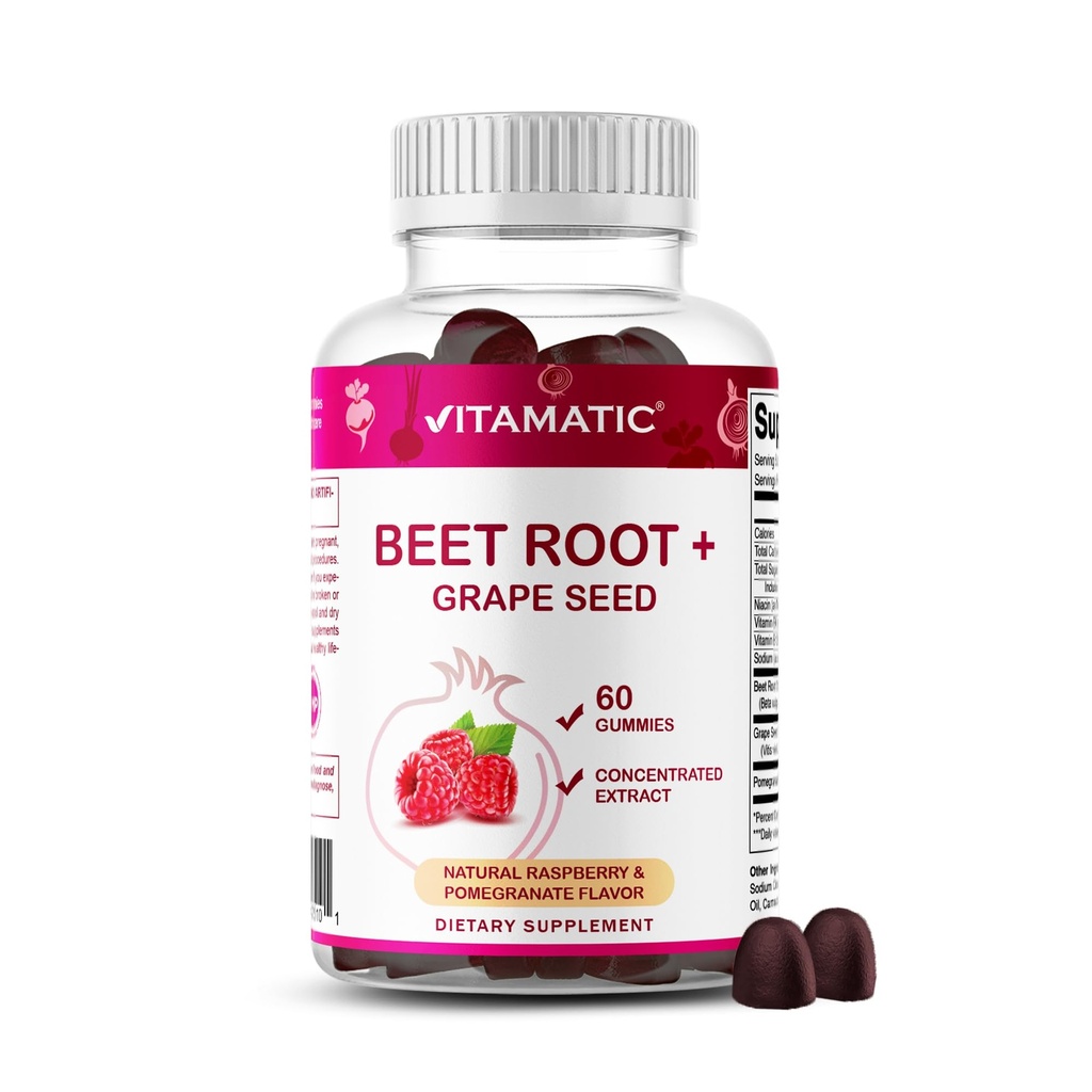 Vitamatic Beet Root Gummies - 3000 mg Aramada Eşdeğer - 60 Gummies - B6, B12, Grape Tohum, Pomegranate & Nicotinamidamid