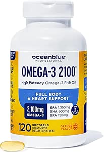 Oceanblue Professional Omega 3 2100-120 ct - Υψηλής ισχύος τριπλή δύναμη Burpless Fish Oil με EPA, DHA & DPA - Άγρια Πιάσε - Φυσικό άρωμα πορτοκάλι, 60 εξυπηρετούν