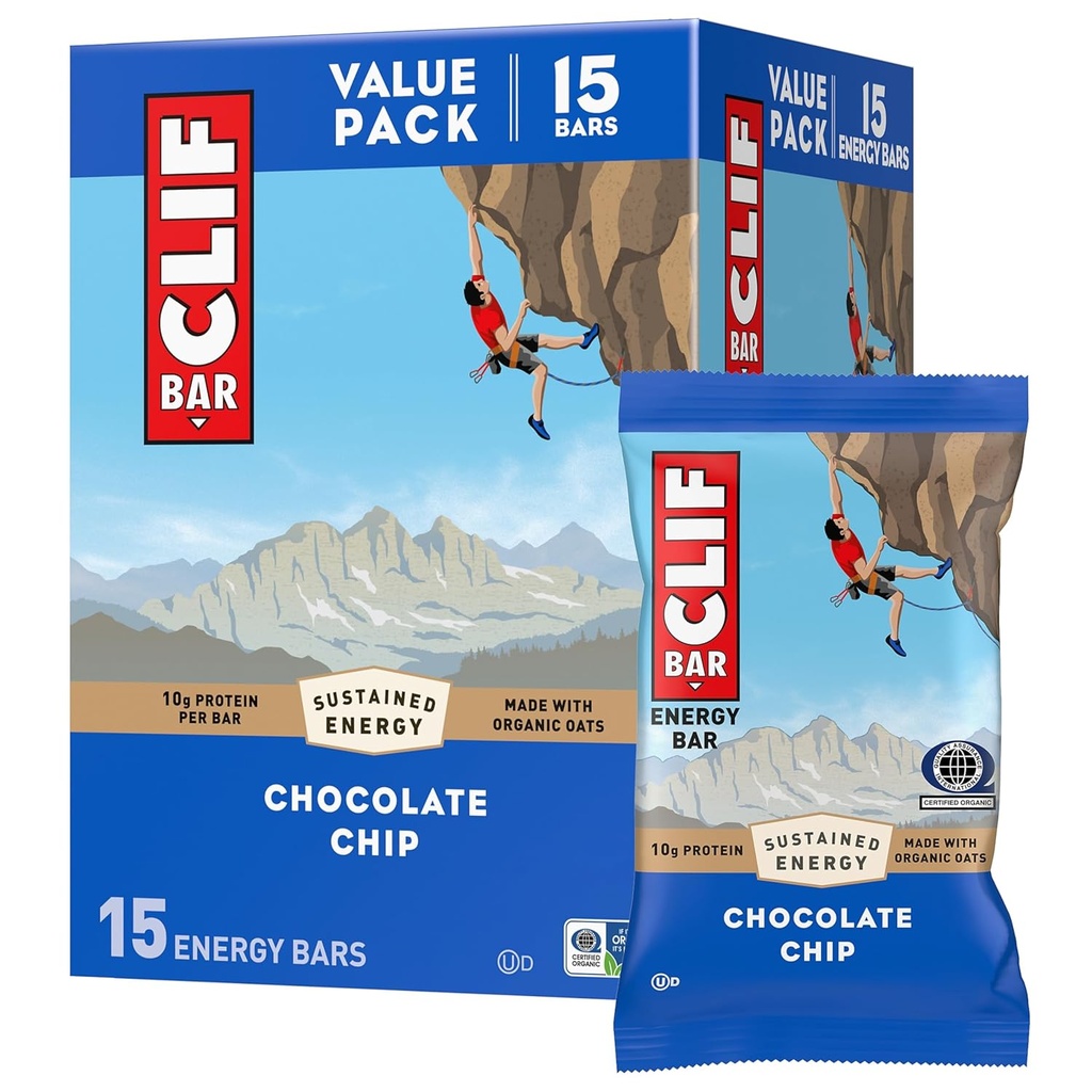 CLIF BAR - Ενεργειακές μπάρες πρωτεΐνης - Chocolate Chip - Κατασκευασμένο με οργανική βρώμη - Ενεργειακές μπάρες - Μη ΓΤΟ - (15 Pack)