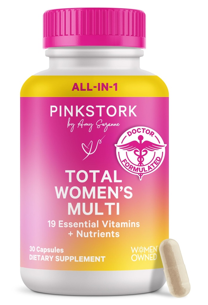 Pink Stork Total Women's Multivitamin - 19 Essential Vitamins for Women & Nutrients – Energy, Metabolism, Hormone, Immune & Mood Support – B6, B12, Biotin, Iron & Zinc – 30 Capsules