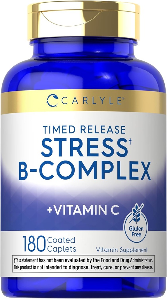 Carlyle Stres B-Complex Vitamin | 180 Vejetaryen Caplets | C | Non-GMO & Gluten Free Supplement