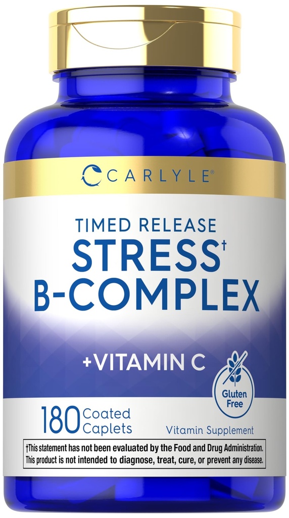 Carlyle Stres B-Complex Vitamin | 180 Vejetaryen Caplets | C | Non-GMO & Gluten Free Supplement