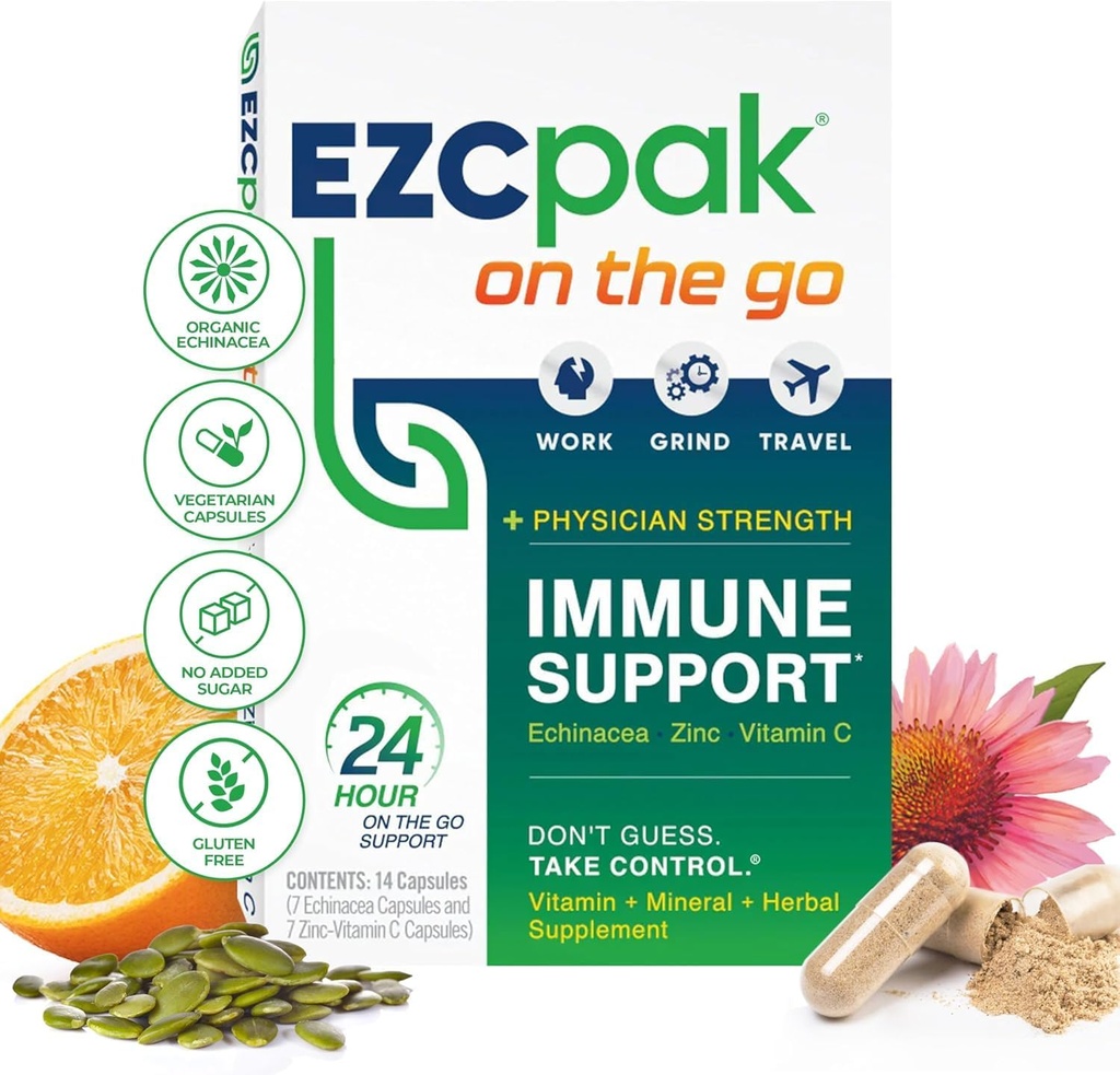 EZC Pak, Echinacea, C, çinko, Immune Support Supplement, Immunity Vitamins for Yetişkinler, Travel-Friendly Packaging, Vegetarian, Gluten-Free