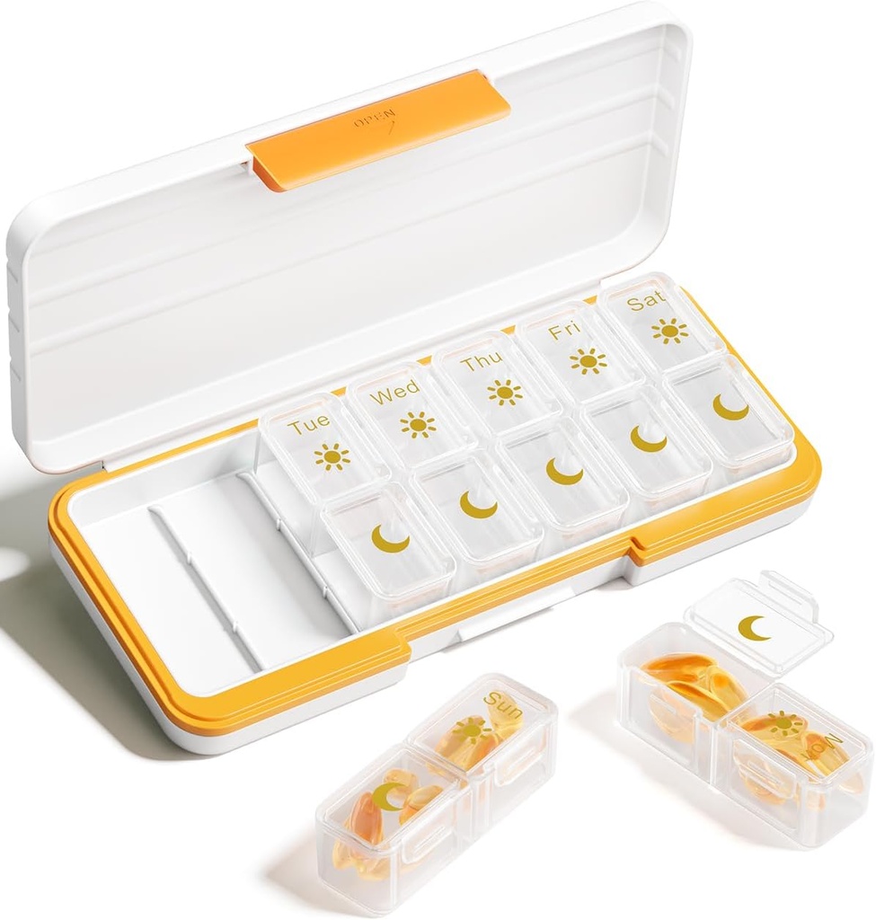 AM PM Pill Organizer 2 Times A Day, 7 Day Pill Box Weekly Pill Organizer Travel with Ayrı konteyner, Portatif Günlük Tıp Planlayıcı Vitamini Davası, Fish Oils, Supplements (Beige)
