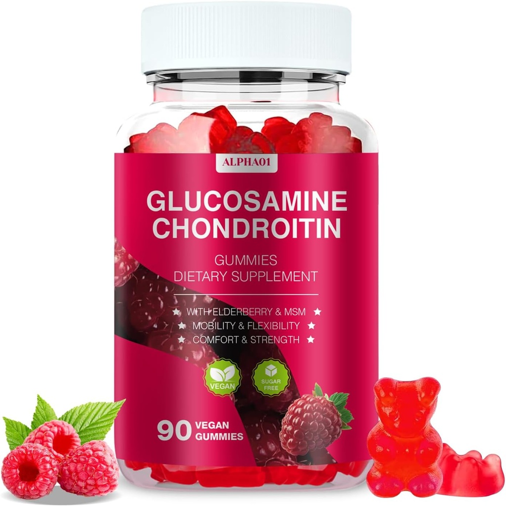 Glucosamine Chondroitin Gummies - 3000MG Ekstra Güçlü Ortak Destek Tamam MSM & Elderberry, Flexability, Antioksi Immune Support Gummy for Yetişkinler, Men & Women - 90 Raspberry Gummies